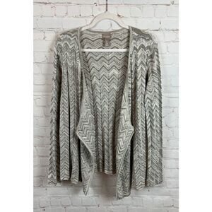 CHICO'S gray zigzag striped knit open front waterfall cardigan sweater 2 L 12-14